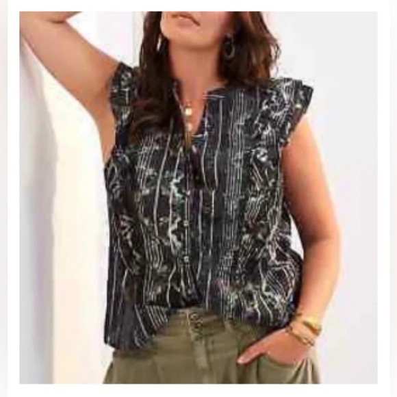 Anthropologie Pilcro Black Floral Motif w/ Silver metallic threading + Ruffles - Picture 5 of 15